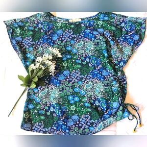 Michael Kors Green and Blue Paisley Boxy Short Sleeve Top Size Medium